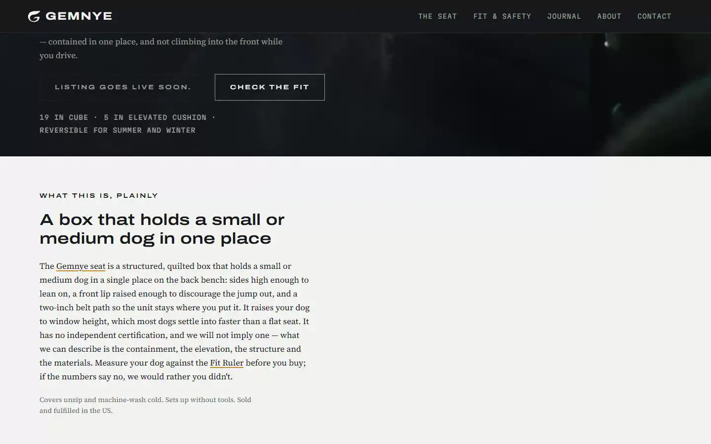 The Gemnye homepage at 1440 wide, below its header film: the plain description of the seat.