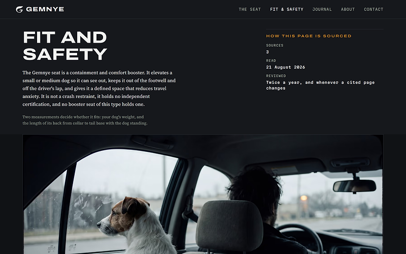 Gemnye’s Fit and Safety page: the headline, the product description and a How this page is sourced panel listing three sources, the date they were read and the review cadence, above a photograph of a dog in a car