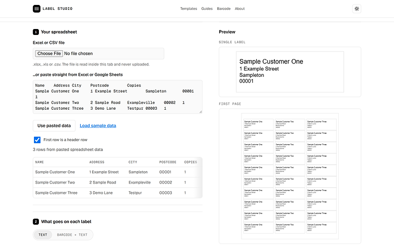 Print Labels From Excel with three invented rows pasted in and parsed, Sample Customer One to Three, and the single-label and first-page previews built from them