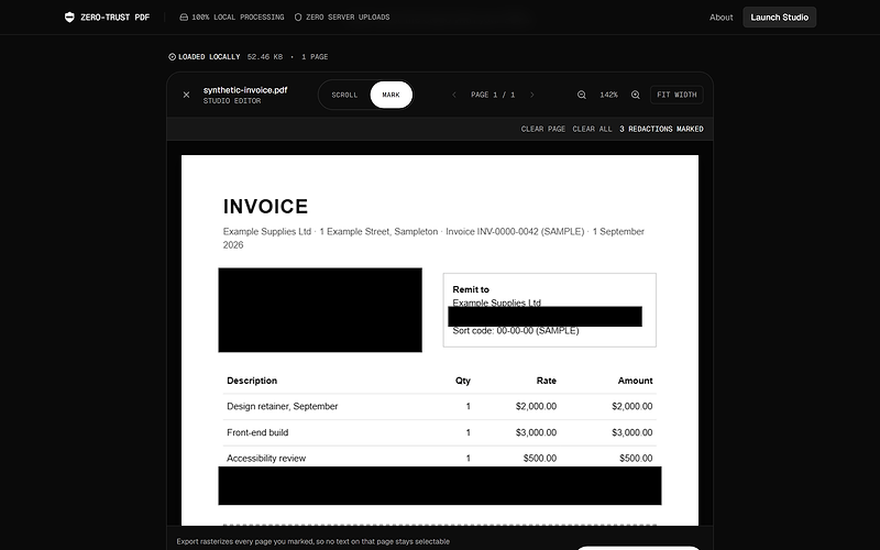 Redact PDF with a synthetic invoice open in its editor, in Mark mode: three black redaction boxes drawn over the bill-to block, the account number and the total, and the editor reporting 3 redactions marked